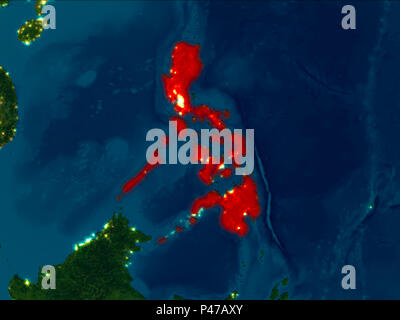 Satellite night view of Philippines highlighted in red on planet Earth ...
