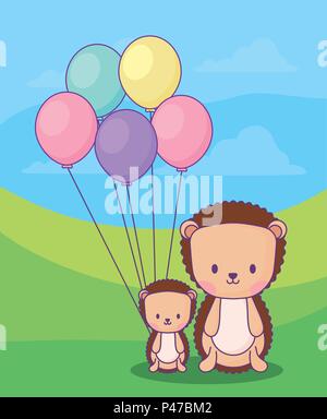 cute porcupines with balloons over landscape background, colorful design. vector illustration Stock Vector