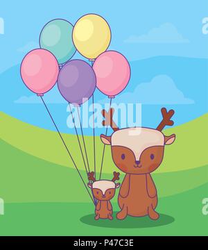cute deers with balloons over landscape background, colorful design. vector illustration Stock Vector