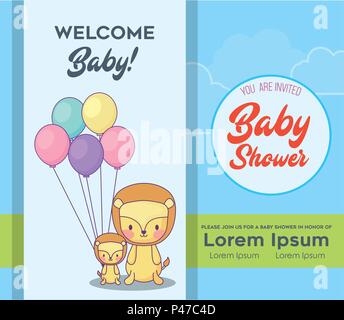 Baby shower  Invitation card with cute lions with balloons over blue background, colorful design. vector illustration Stock Vector