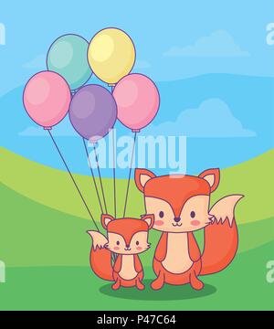 cute foxes with balloons over landscape background, colorful design. vector illustration Stock Vector