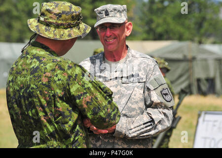 Canadian Army Col. John Conrad, left, commander of the 41 Canadian Brigade Group meets with U.S. Army Sgt. Maj. George Arends, South Dakota National Guard, Task Force 41 Camp Sergeant Major as part of Golden Coyote on Forward Operating Base Custer, Custer, S.D., June 15, 2016. The Golden Coyote exercise is a three-phase, scenario-driven exercise conducted in the Black Hills of South Dakota and Wyoming, which enables commanders to focus on mission essential task requirements, warrior tasks and battle drills. (U.S. Army photo by Spc. Robert West /Released) Stock Photo