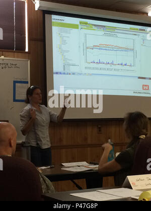 At J. Percy Priest Dam in Tennessee, Corps of Engineers geotechnical engineers demonstrate instrumentation software during classroom instruction focused on data analysis and monitoring system integration. The session supports training in use of automated monitoring systems, interpretation of sensor data and performance tracking for dam safety. Classroom demonstration aligns software tools with field instrumentation practices. Stock Photo