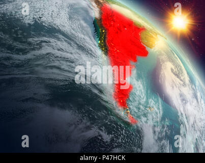 Sunrise above Argentina highlighted in red on model of planet Earth in space. 3D illustration. Elements of this image furnished by NASA. Stock Photo