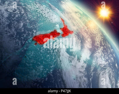 Sunrise above New Zealand highlighted in red on model of planet Earth in space. 3D illustration. Elements of this image furnished by NASA. Stock Photo