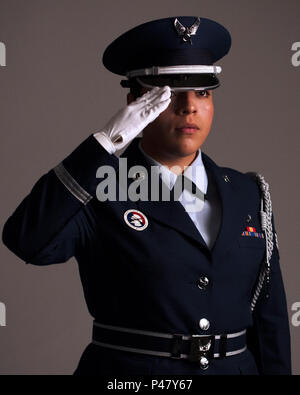 Senior Airman Stephanie Briones poses for a photo after recently being named the new 434th Force Support Squadron Honor Guard program manager of Grissom Air Reserve Base, Ind. As the only full-time member of Grissom’s honor guard, Briones is responsible for receiving, scheduling and performing honor guard details in a range as far west at Scott Air Force Base, Illinois, and as far east as Wright-Patterson Air Force Base, Ohio. (U.S. Air Force photo/Staff Sgt. Katrina Heikkinen) Stock Photo