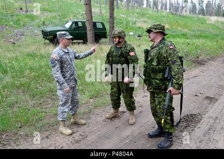 ENGLISH/ANGLAIS  WA2016-0025-04  13 June 2016     Captain Sherwood from US National Guard speaks with Task Force 41 Commander, Lieutenant Colonel Eric Gilson and Task Force Sergeant Major, Chief  Warrant Officer Robert Prospero in Custer State Park, South Dakota during Exercise GOLDEN COYOTE 16 on June 13, 2016.    240 Canadian Army Reservists from 41 Canadian Brigade Group (41 CBG) will participate in Exercise GOLDEN COYOTE 2016 in South Dakota, from June 11 to 23, 2016.    Approximately 4000 military personnel from Canada, Denmark, Singapore, Suriname, the United Kingdom, and the United Stat Stock Photo