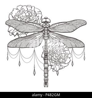 Black dragonfly Aeschna Viridls and peonies. T-shirt design. Isolated on white background. Dragonfly tattoo sketch. Coloring books. Symbol of freedom, travel. Hand-drawn vector illustration. Stock Vector