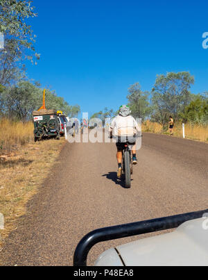 Gibb Challenge 2018 a cyclist in Jersey and bib riding the Gibb River Road Kimberley Australia Stock Photo