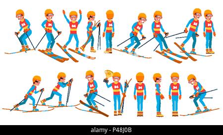 Skiing Male Player Vector. Winter Games. Competing In Championship. Playing In Different Poses. Man Athlete. Isolated On White Cartoon Character Illustration Stock Vector