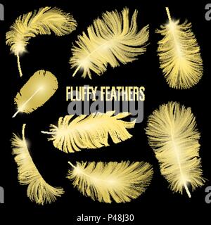 Realistic Fluffy feathers. Falling twirled plumage of white bird on blue background for banners, flyers, web, poster, card. down pillow for sleeping. use for down pillow for sleeping Stock Vector