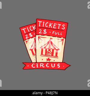 Circus ticket badge. Retro card. Vintage Carnival logo or cute emblem. Label for the festival banner and show. engraved hand drawn sketch. Stock Vector