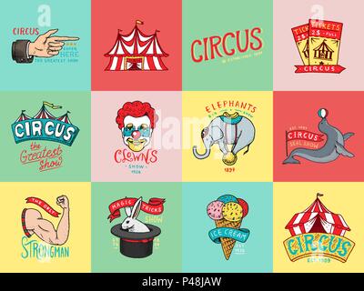 Circus badge. Vintage Carnival logos or emblems. Label for the festival banner and show. Harlequin with animals. retro clown and elephant, ice cream, magic focus in the tent. engraved hand drawn. Stock Vector