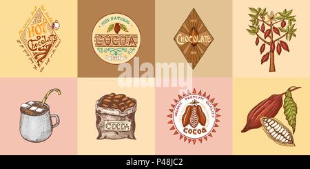 Cocoa and hot chocolate logos. modern vintage badges for the shop menu. Vector illustration. calligraphy style for frames, labels. . engraved hand drawn in old sketch. Stock Vector