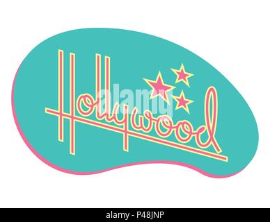 Hollywood Retro Vector Design with Stars. Hand drawn script design of the word Hollywood with retro 1950s style vibe like old diner and motel signs. Stock Vector
