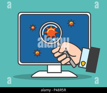 Software bugs test. Computer virus detection thin line vector illustration with magnifying glass in hand testing Stock Vector