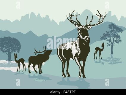 Deers in the mountains Stock Vector