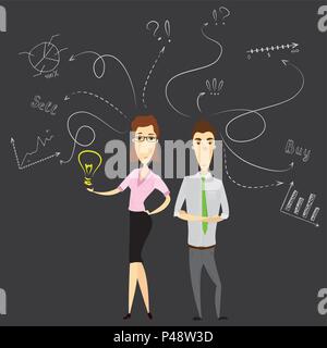 Businesswoman  and business man or office workers with a good idea and standing against doodle business sketch, stock vector illustration Stock Vector