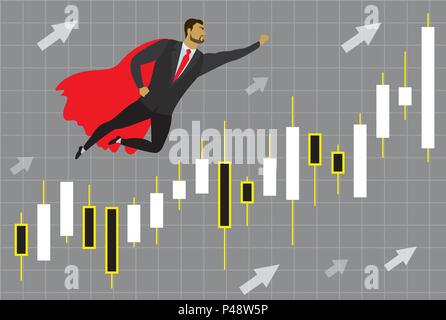 businessman superhero and chart with japan candlesticks to success, cartoon vector illustration Stock Vector