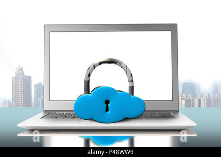 Cloud shape lock on laptop with city view background Stock Photo