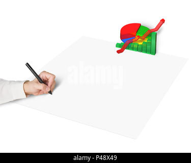Hand drawing on paper with 3d chart isolated in white Stock Photo