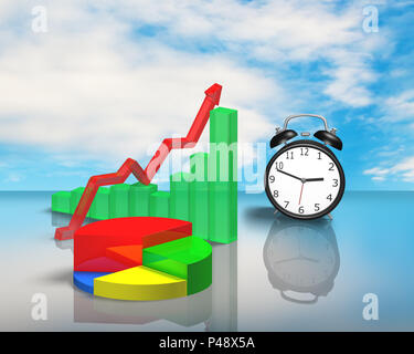 Clock with 3D chart on glass table blue sky background Stock Photo