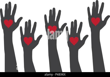 vector illustration of hands with hearts. vector logo. helping hands. Stock Vector