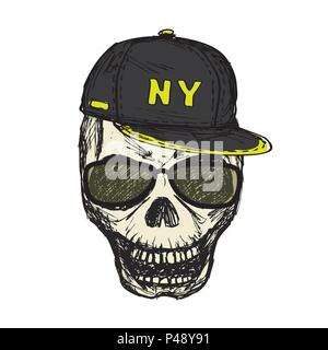 Scary skull in fashionable glasses and cap, hand drawn, isolated on white background.Stock vector illustration Stock Vector