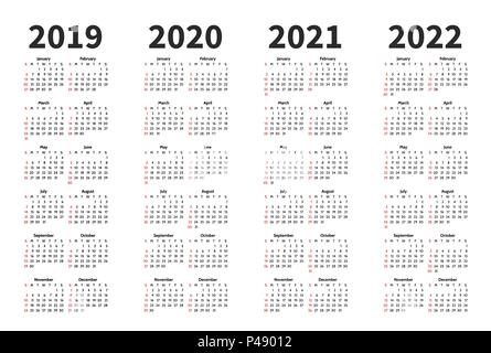 Calendar 2019, 2020, 2021 and 2022 year vector design template. Simple minimalizm style. Week starts from Sunday. Portrait Orientation. Set of 12 Months. Stock Vector