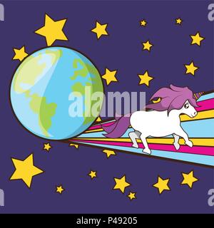 Cute unicorn with stars and earth planet over blue background, vector illustration Stock Vector