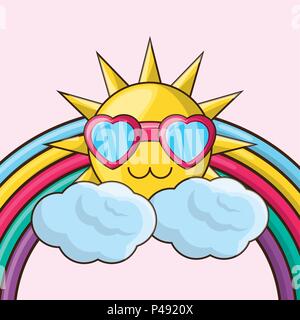 rainbow and cute sun with glasses over pink background, colorful design. vector illustration Stock Vector