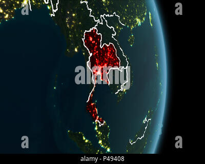 Map of Thailand in red as seen from space on planet Earth at night with white borderlines and city lights. 3D illustration. Elements of this image fur Stock Photo