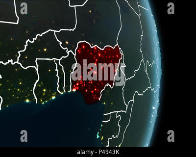 Map of Nigeria in red as seen from space on planet Earth at night with white borderlines and city lights. 3D illustration. Elements of this image furn Stock Photo