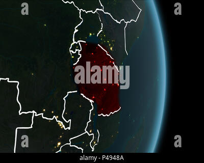 Map of Tanzania in red as seen from space on planet Earth at night with white borderlines and city lights. 3D illustration. Elements of this image fur Stock Photo