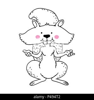 Hand drawn of cute squirrel, Isolated cartoon squirrel on white background. Black and White simple line Vector Illustration for Coloring Book - Line D Stock Vector