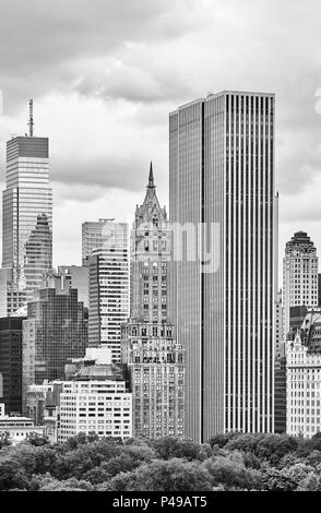 Black and white picture of New York City old and modern architecture, USA. Stock Photo