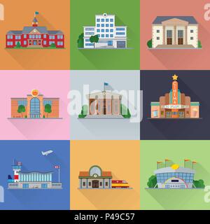 Flat design public buildings and urban facilities flat design long shadow vector illustration Stock Vector