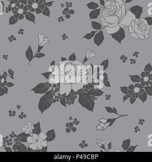 Seamless monochromatic gray scale luxury pattern - roses in blossom on gray background. Vector illustration. Stock Vector