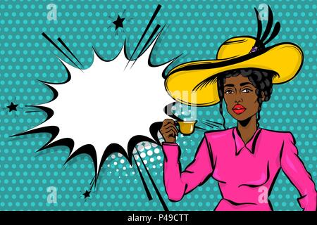 Black afro young woman pop art. Elegantly dressed, in a beautiful retro hat and fashionable dress stands and drinks tea. Stock Vector