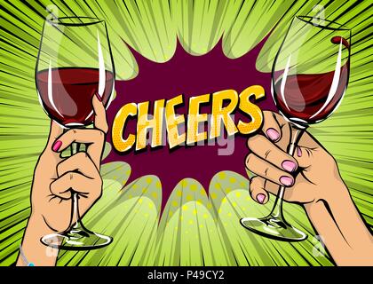 Old vintage poster two female hands pop art hold red wine glass. Woman hand with beverage. Retro design sound speech bubble. Holiday party wow event.  Stock Vector