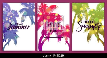 Isolated blurred greeting hello summer time banner. Vintage retro vacation poster. Set season advertise sale vector backgrounds. Sunset, sunrise tropi Stock Vector