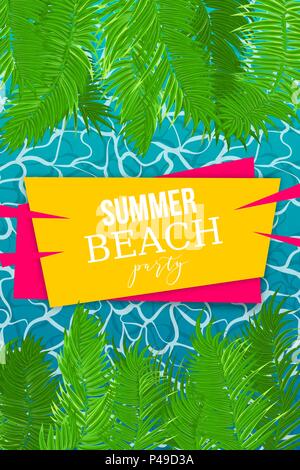 Vertical palm leaf tree. Hello summer vacation poster. Sea water pool waves vector background illustration. Travel tropical relax spa banner. Clear un Stock Vector