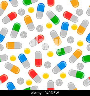 Vector pills and capsules in different colors, shapes and sizes, isolated elements. Seamless background, pattern. Seamless pattern of pills and vitamins Stock Vector