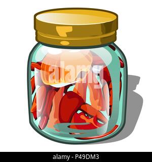 The crab is placed in a glass jar isolated on white background. Vector cartoon close-up illustration. Stock Vector