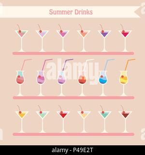 Set of summer drinks and beverage cocktail,juice, lemonade etc Stock Vector