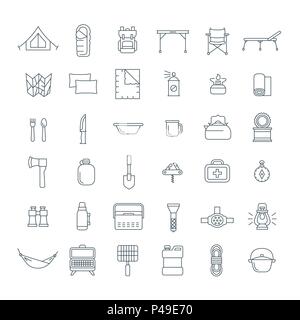 Tourist equipment thin line icons set. Linear outdoor travel activity items. Gears for hiking, trekking and camping. Vector outline flat illustration. Stock Vector