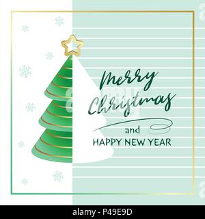 Merry Christmas and Happy New Year. Greeting card with abstract Christmas tree, golden star and snowflakes. Vector illustration. Stock Vector