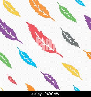 Vector illustration of colorful leaves seamless pattern. Light dotted background. Modern mood and colors Stock Vector