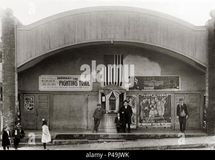 This is an early 1900s view of the Family Theatre, Glen Lyon, Pennsylvania. The movies that were playing at that time were “The Fighting Trail” and  “Pearl of the Army” Glen Lyon, Pennsylvania is a former Coal Mining town. The 1948 film The Miracle of the Bells is nominally set in Glen Lyon, and some scenes were shot there.The town originally was developed by Welsh miners who were Protestants, usually members of the Methodist Church. Later, immigrants from Central Europe (Poland, 35.1%) and Southern Europe became predominant. Stock Photo