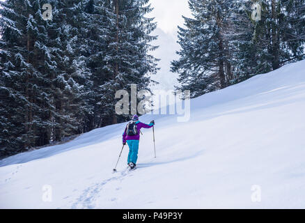 Hiker with snowshoes on snow trail in winter landscape of forest in Oberstdorf, Bavaria Alps in South of Germany. Beautiful landscape with coniferous Stock Photo